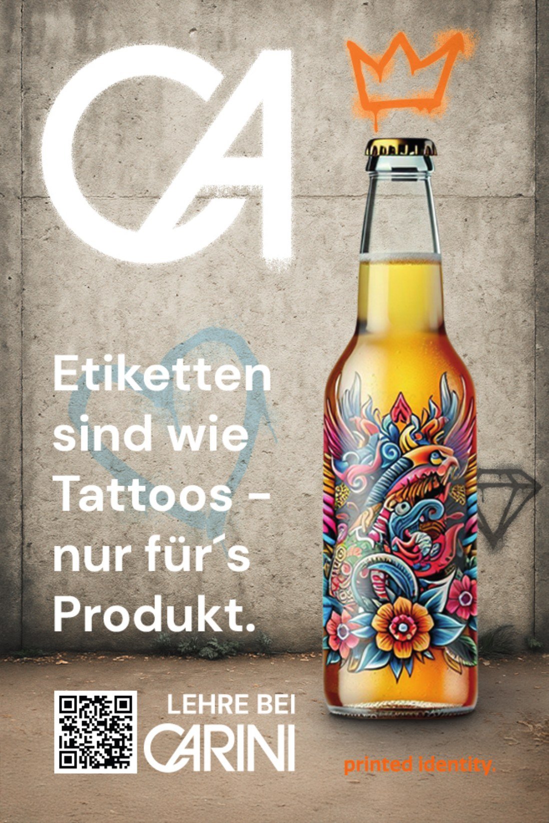Kampagnenentwurf mit bunt illustriertem Flaschenetikett und dem Satz Etiketten sind wie Tattoos